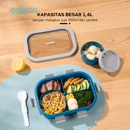 ecentio tempat makan Kotak Makan Lunch Box anti tumpah 1.4L mangkuk sup+sendok BPA Free