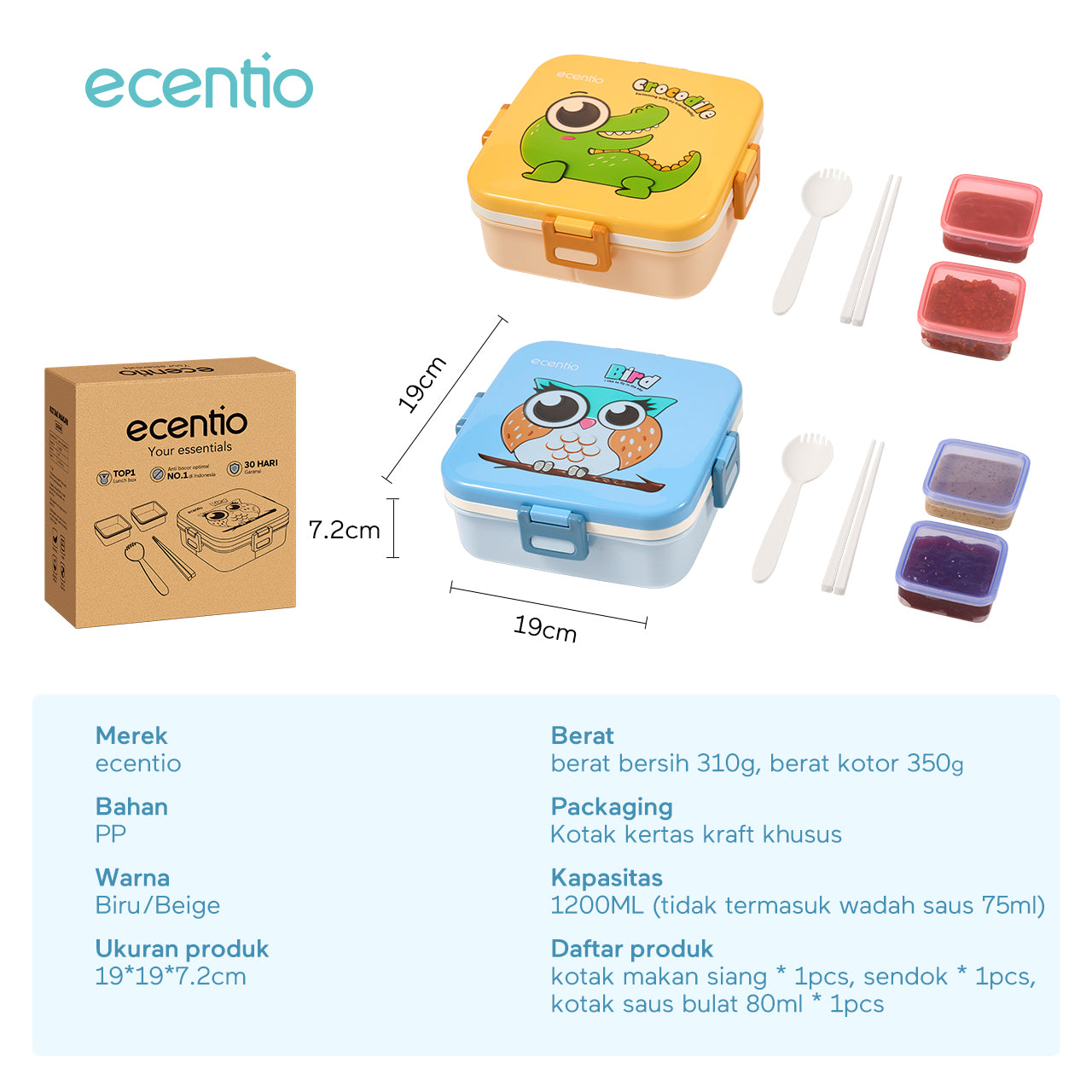 ecentio Kotak Makan Plastik 1.2L dengan 3 Sekat Kartun Anak - Wadah Saus + Set Alat Makan Plastik 2 pcs (Biru)