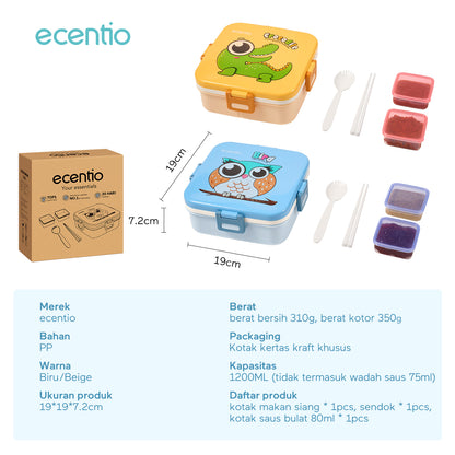 ecentio Kotak Makan Plastik 1.2L dengan 3 Sekat Kartun Anak - Wadah Saus + Set Alat Makan Plastik 2 pcs (Biru)