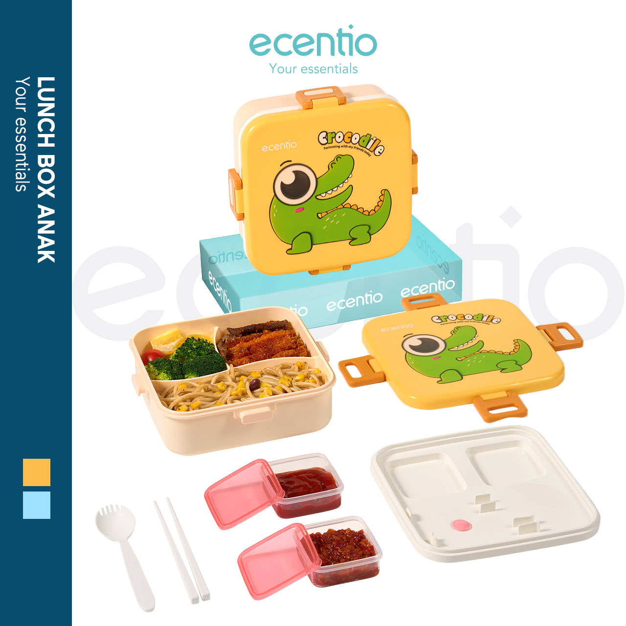 ecentio Kotak Makan Plastik 1.2L dengan 3 Sekat Kartun Anak - Wadah Saus + Set Alat Makan Plastik 2 pcs (Biru)