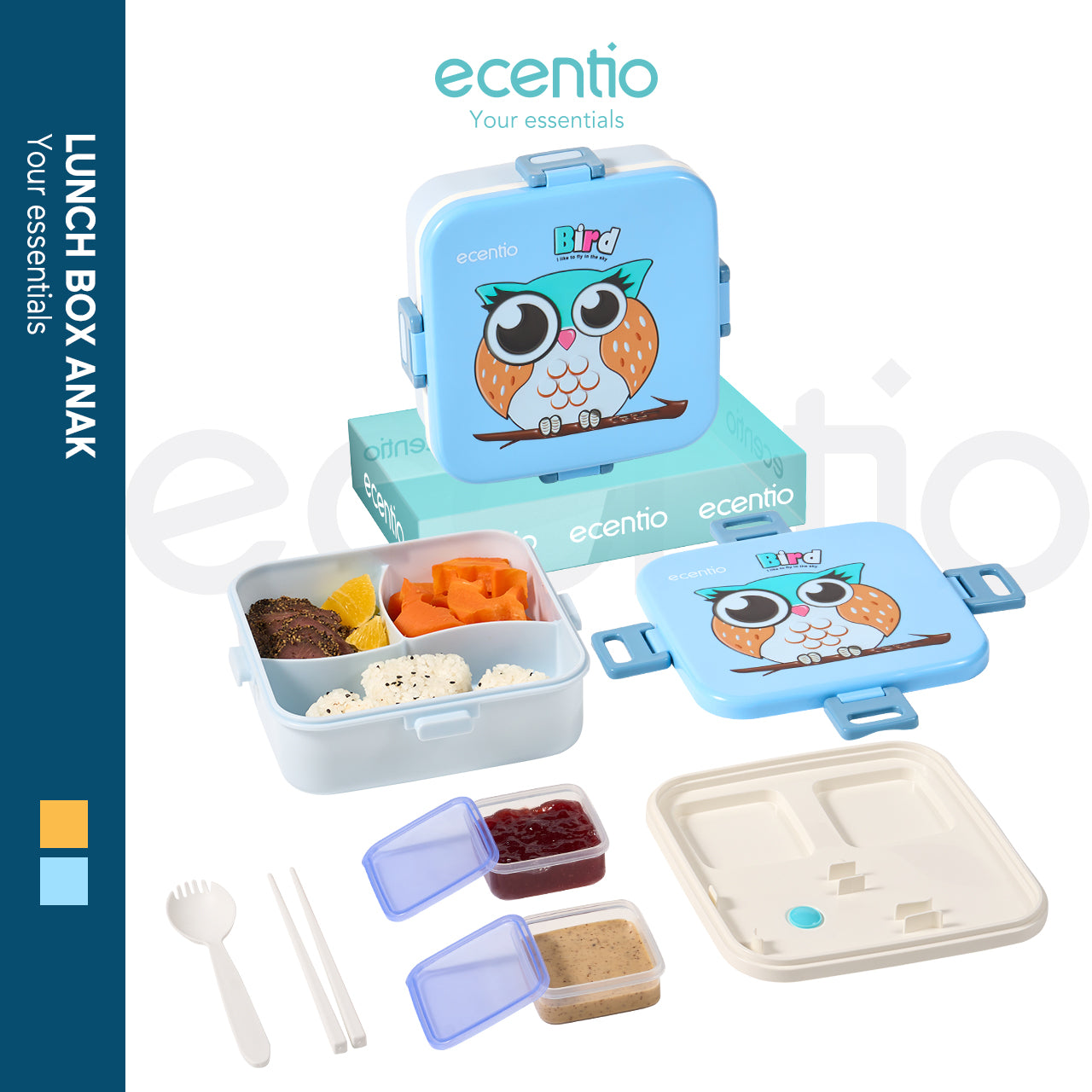 ecentio Kotak Makan Plastik 1.2L dengan 3 Sekat Kartun Anak - Wadah Saus + Set Alat Makan Plastik 2 pcs (Biru)