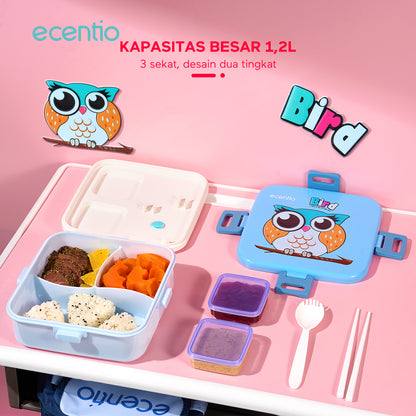 ecentio Kotak Makan Plastik 1.2L dengan 3 Sekat Kartun Anak - Wadah Saus + Set Alat Makan Plastik 2 pcs (Biru)