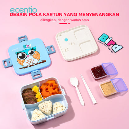 ecentio Kotak Makan Plastik 1.2L dengan 3 Sekat Kartun Anak - Wadah Saus + Set Alat Makan Plastik 2 pcs (Biru)