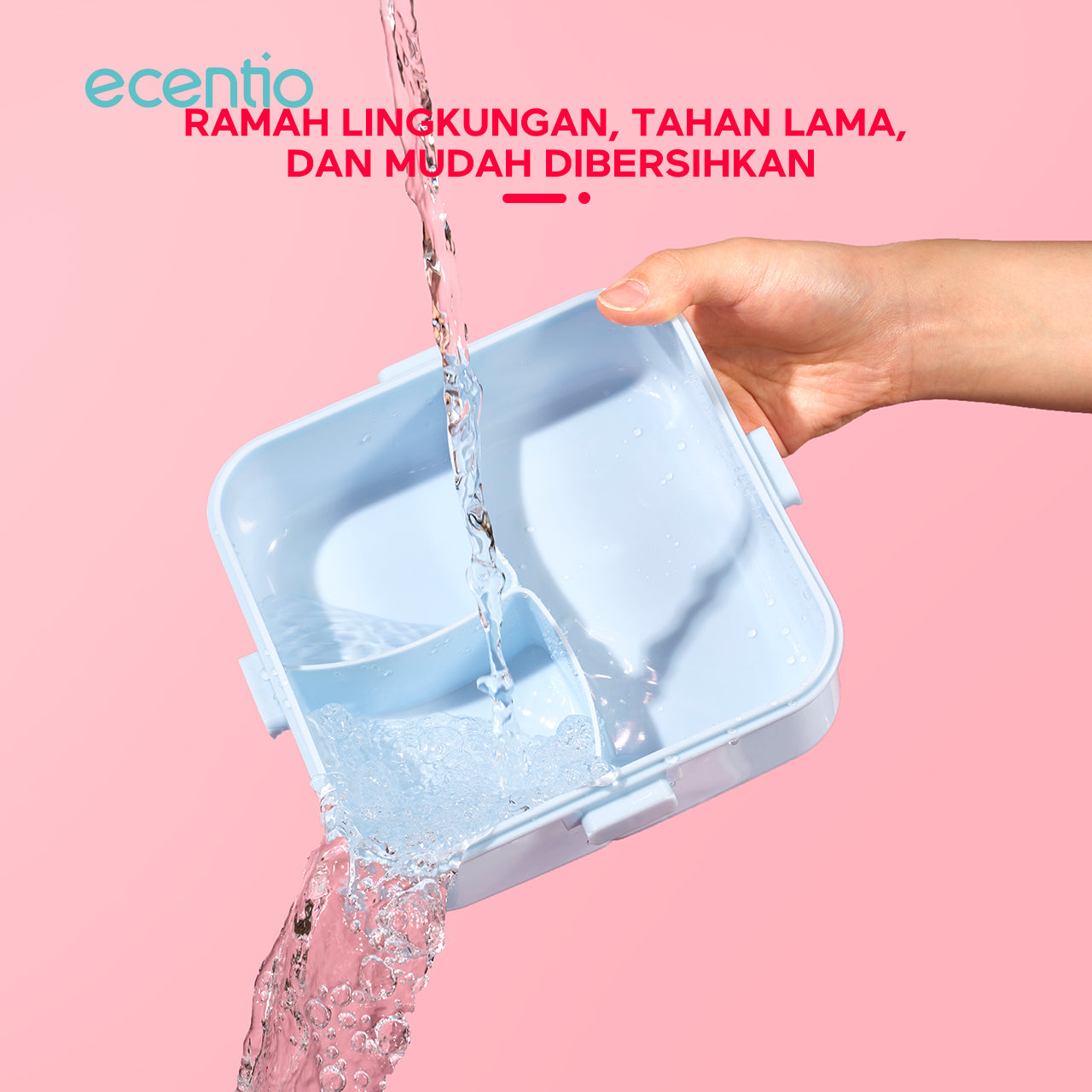 ecentio Kotak Makan Plastik 1.2L dengan 3 Sekat Kartun Anak - Wadah Saus + Set Alat Makan Plastik 2 pcs (Biru)