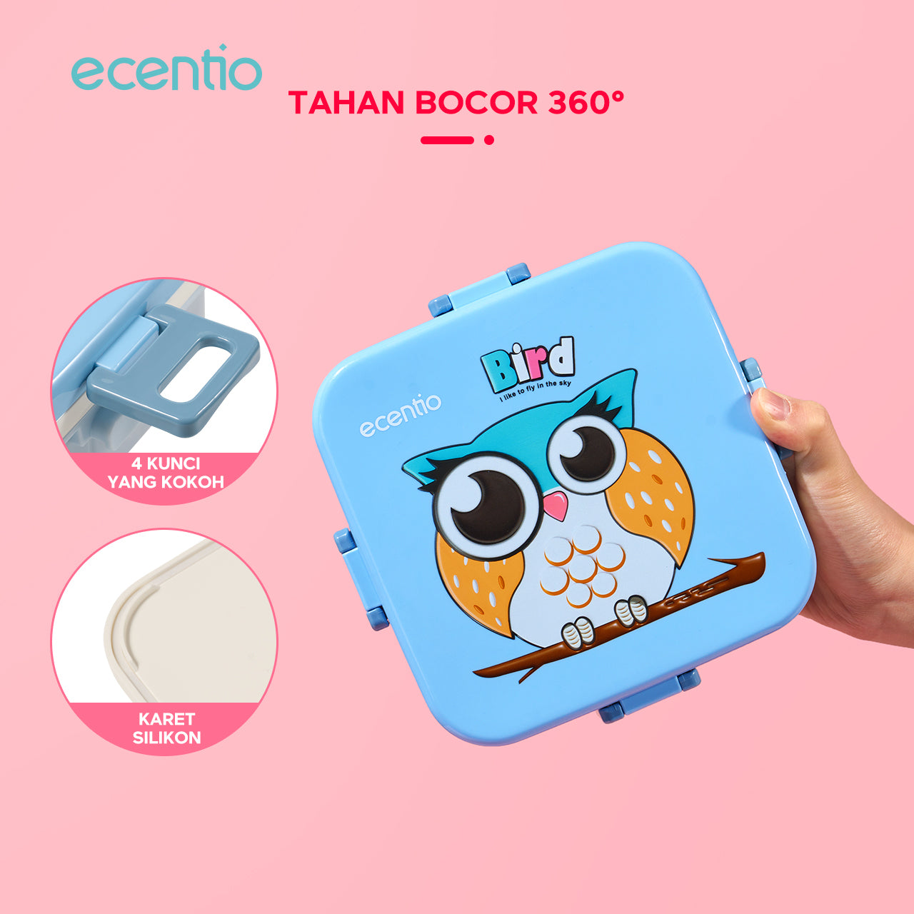 ecentio Kotak Makan Plastik 1.2L dengan 3 Sekat Kartun Anak - Wadah Saus + Set Alat Makan Plastik 2 pcs (Biru)