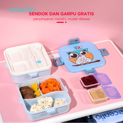 ecentio Kotak Makan Plastik 1.2L dengan 3 Sekat Kartun Anak - Wadah Saus + Set Alat Makan Plastik 2 pcs (Biru)