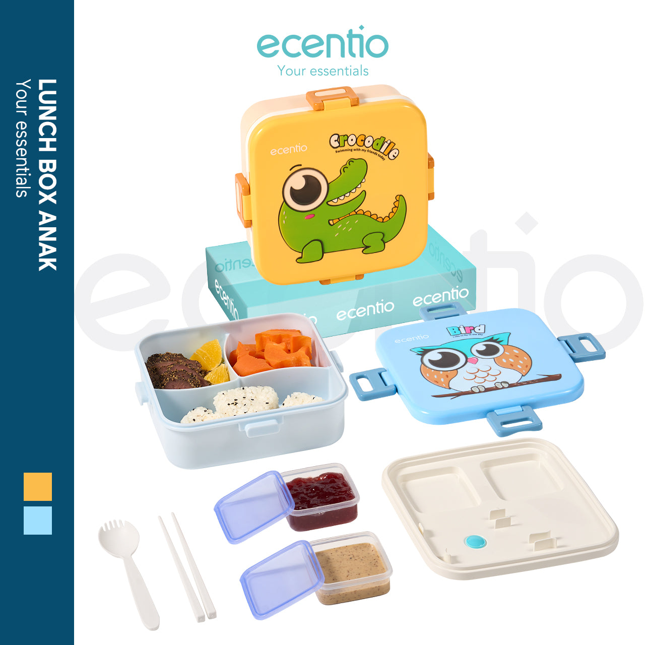 ecentio Kotak Makan Plastik 1.2L dengan 3 Sekat Kartun Anak - Wadah Saus + Set Alat Makan Plastik 2 pcs (Biru)