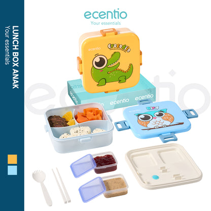 ecentio Kotak Makan Plastik 1.2L dengan 3 Sekat Kartun Anak - Wadah Saus + Set Alat Makan Plastik 2 pcs (Biru)