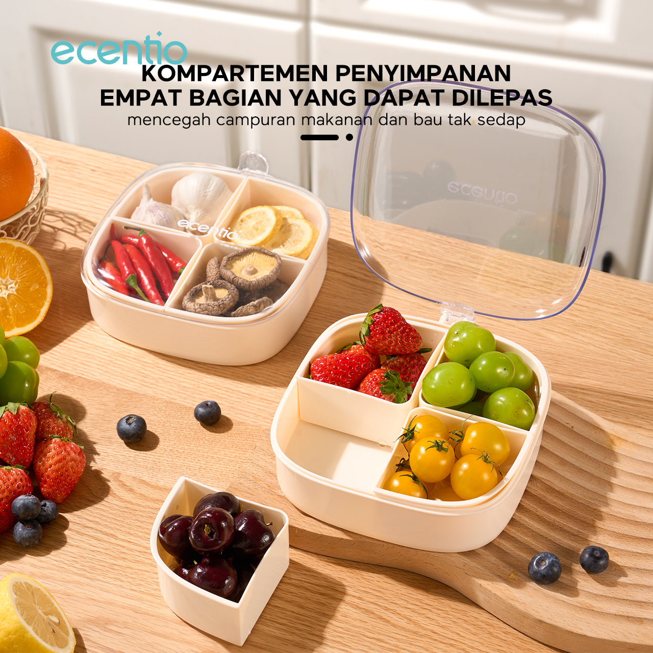 【🌟Pre-Order】ecentio Wadah Penyimpanan Makanan 4 Sekat 800ml Bebas BPA dengan Penutup Transparan