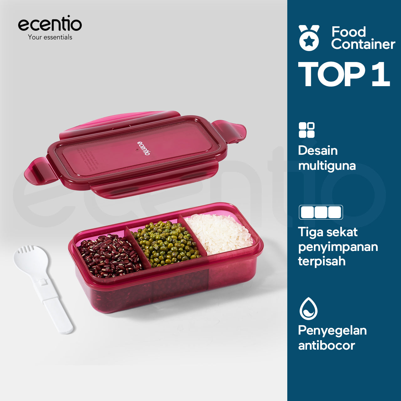 ecentio tempat makan Satu kotak untuk berbagai keperluan Desain Berbagian420ml+420ml+420ml  Hindari Bahan Makanan Saling Menyerap Rasa PENYEGELAN DAN ANTIBOCOR Membawa dengan percaya diri