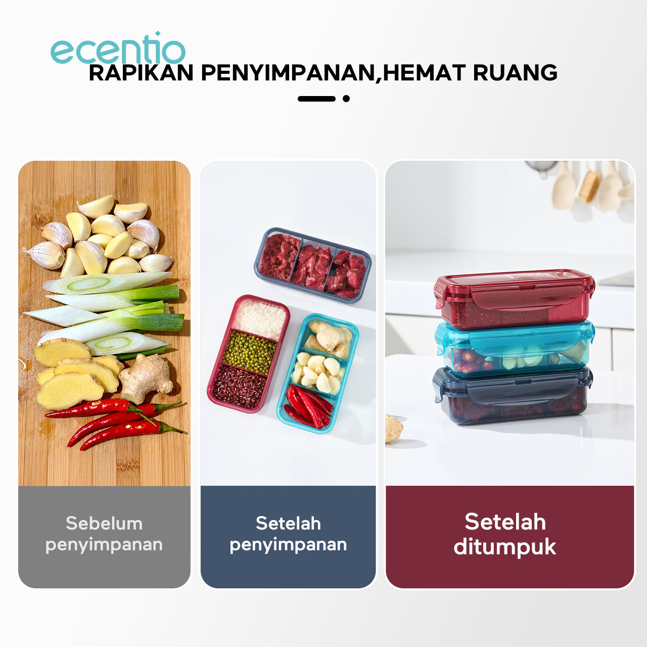 ecentio tempat makan Satu kotak untuk berbagai keperluan Desain Berbagian420ml+420ml+420ml  Hindari Bahan Makanan Saling Menyerap Rasa PENYEGELAN DAN ANTIBOCOR Membawa dengan percaya diri