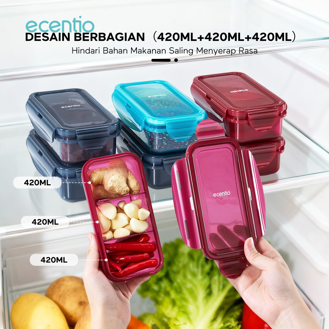 ecentio tempat makan Satu kotak untuk berbagai keperluan Desain Berbagian420ml+420ml+420ml  Hindari Bahan Makanan Saling Menyerap Rasa PENYEGELAN DAN ANTIBOCOR Membawa dengan percaya diri