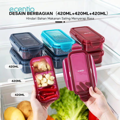 ecentio tempat makan Satu kotak untuk berbagai keperluan Desain Berbagian420ml+420ml+420ml  Hindari Bahan Makanan Saling Menyerap Rasa PENYEGELAN DAN ANTIBOCOR Membawa dengan percaya diri