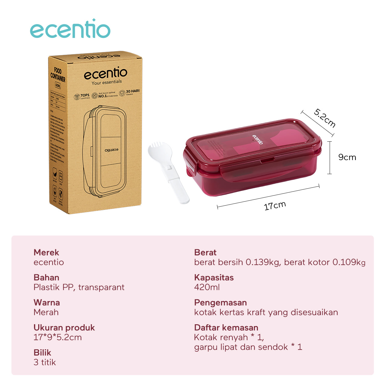 ecentio tempat makan Satu kotak untuk berbagai keperluan Desain Berbagian420ml+420ml+420ml  Hindari Bahan Makanan Saling Menyerap Rasa PENYEGELAN DAN ANTIBOCOR Membawa dengan percaya diri