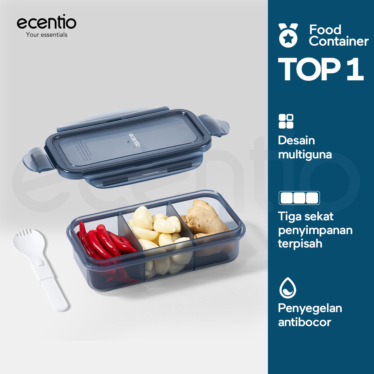 ecentio tempat makan Satu kotak untuk berbagai keperluan Desain Berbagian420ml+420ml+420ml  Hindari Bahan Makanan Saling Menyerap Rasa PENYEGELAN DAN ANTIBOCOR Membawa dengan percaya diri