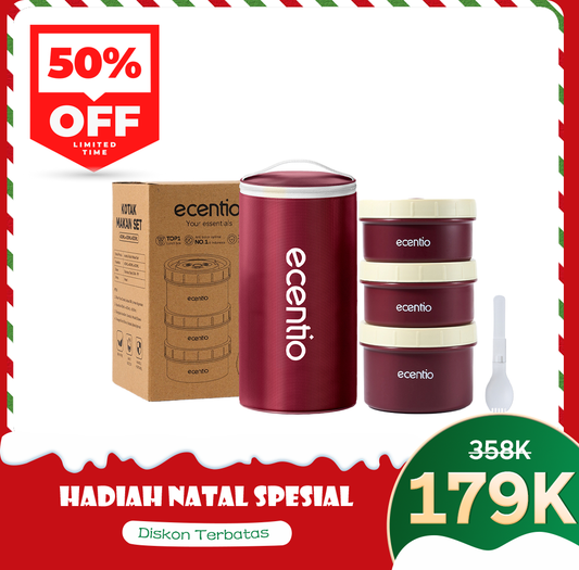 ecentio Set Kotak Makan Bulat Stainless Steel 3pcs + Tas Makan Waterproof — Bekal Praktis &amp; Stylish