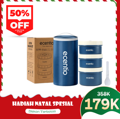 ecentio lunch box tas set 3pcs Biru Makan anti tumpah 304 Stainless Steel tas bekal dan free sumpit