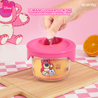 ecentio food container Kaca anak mpasi 3pcs set Disney lotso Mini Kotak Tempat Makan Glass free sendok silikon 120ml+140ml+140ml
