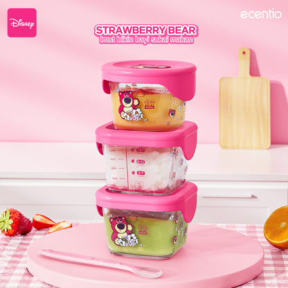 ecentio food container Kaca anak mpasi 3pcs set Disney lotso Mini Kotak Tempat Makan Glass free sendok silikon 120ml+140ml+140ml