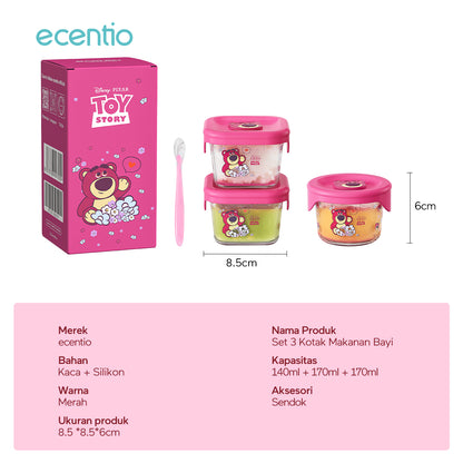 ecentio food container Kaca anak mpasi 3pcs set Disney lotso Mini Kotak Tempat Makan Glass free sendok silikon 120ml+140ml+140ml