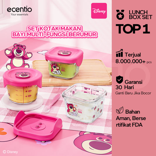 ecentio food container Kaca anak mpasi 3pcs set Disney lotso Mini Kotak Tempat Makan Glass free sendok silikon 120ml+140ml+140ml
