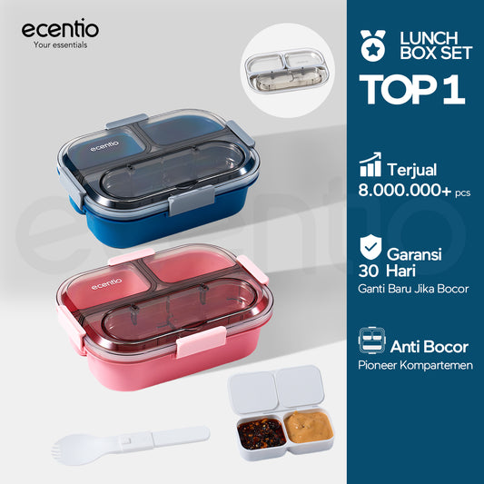【🌟Pre-Order】【New anti tumpah 】ecentio lunch box 1100ml 3 gird anti tumpah BPA tidak campur Bau wanita muda kantor Free free sendok kotak saus