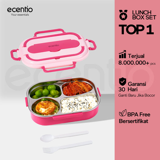 【Stainless 304】ecentio lunch box 1200ml stainless 304 sekat 4 dan anti tumpah free sendok sumpit