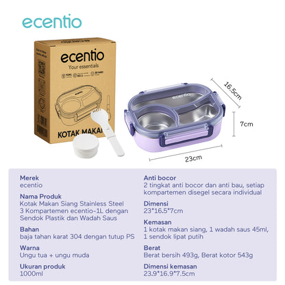 ecentio Kotak bekal stainless steel 3 sekat 1000ml Upgrade Anti tumpah ganda Tebal + sendok & kotak saus