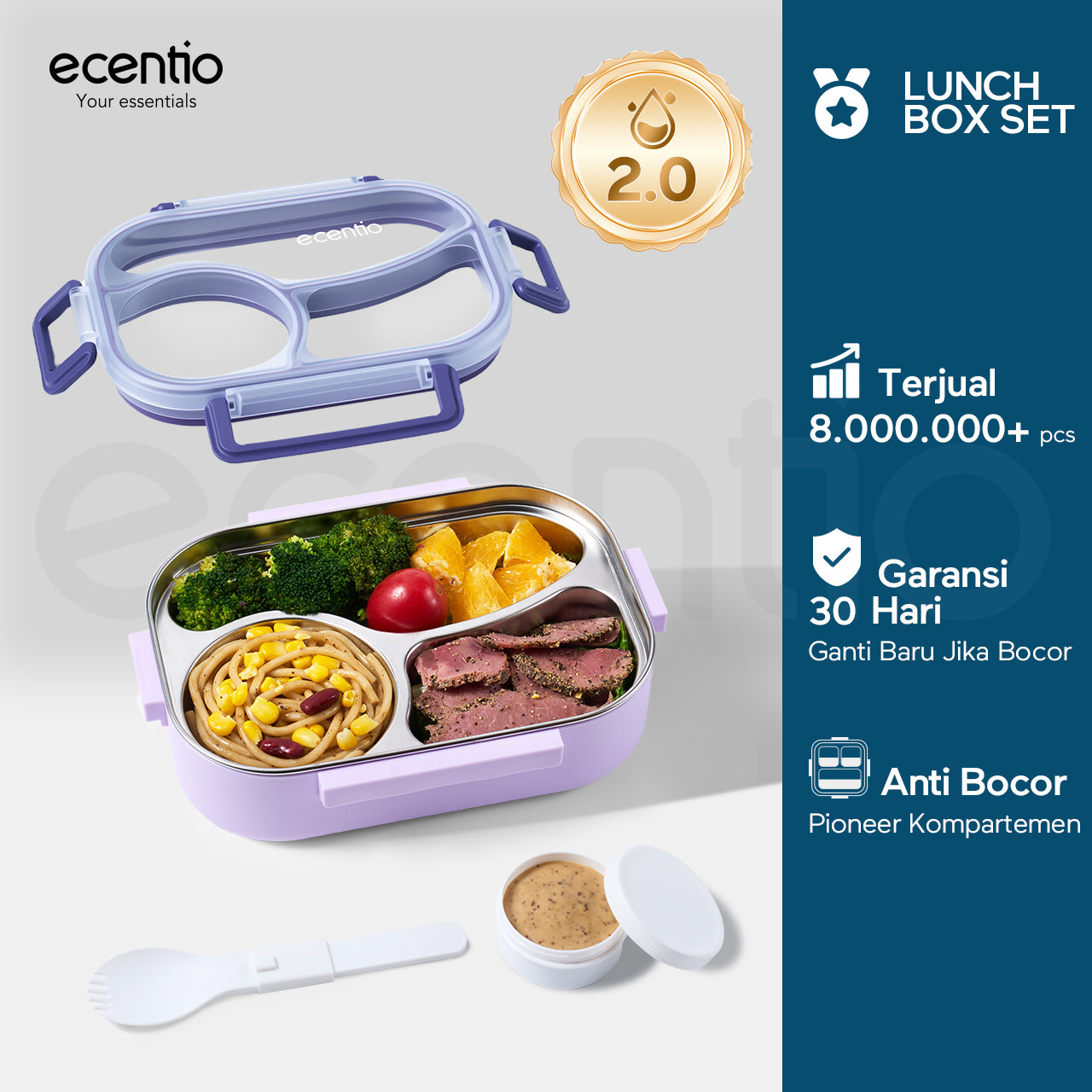 ecentio Kotak bekal stainless steel 3 sekat 1000ml Upgrade Anti tumpah ganda Tebal + sendok & kotak saus