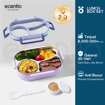 ecentio Kotak bekal stainless steel 3 sekat 1000ml Upgrade Anti tumpah ganda Tebal + sendok & kotak saus