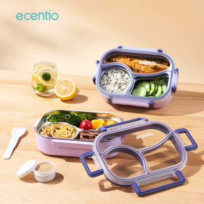ecentio Kotak bekal stainless steel 3 sekat 1000ml Upgrade Anti tumpah ganda Tebal + sendok & kotak saus