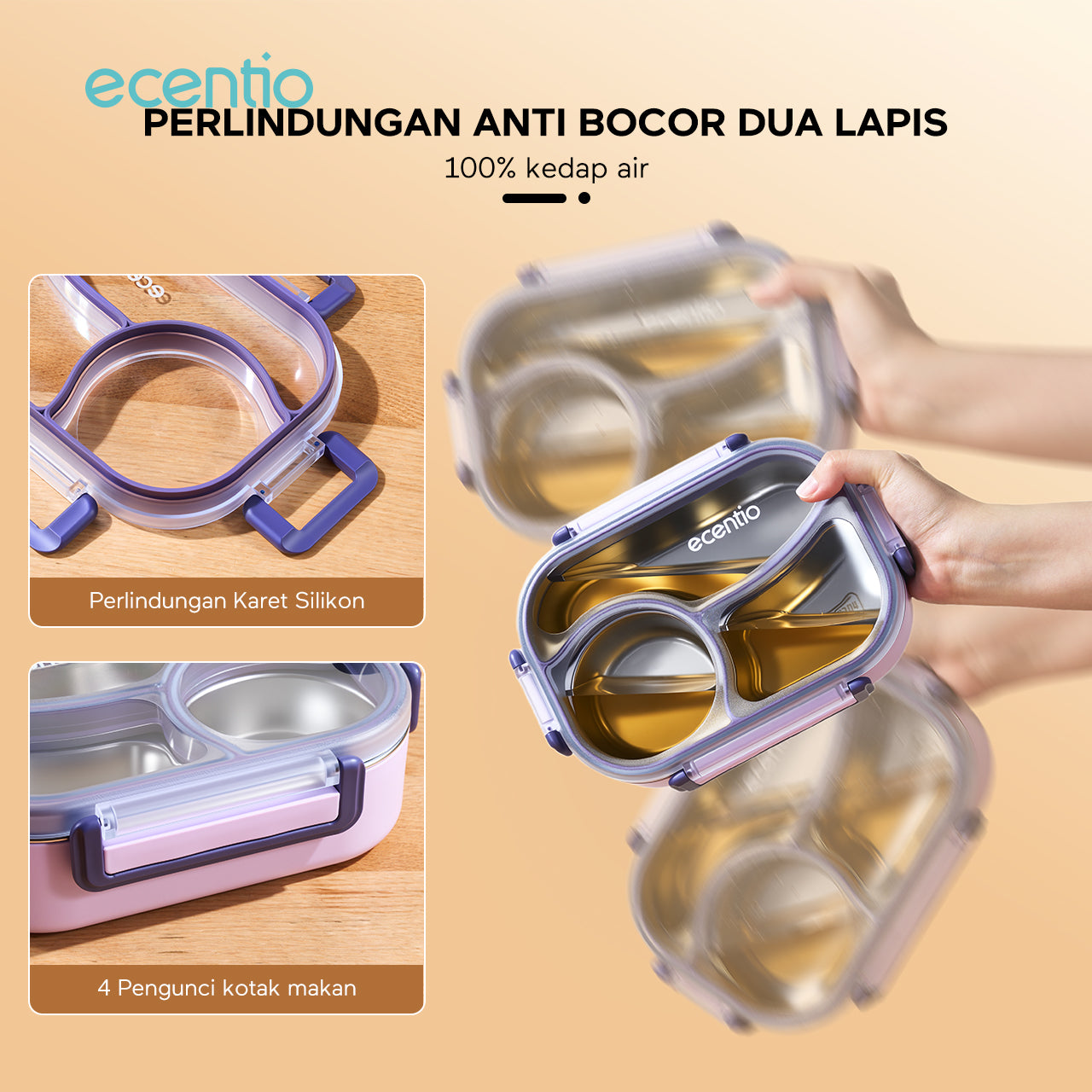 ecentio Kotak bekal stainless steel 3 sekat 1000ml Upgrade Anti tumpah ganda Tebal + sendok & kotak saus