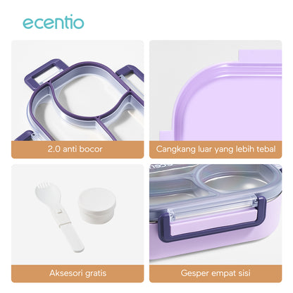 ecentio Kotak bekal stainless steel 3 sekat 1000ml Upgrade Anti tumpah ganda Tebal + sendok & kotak saus