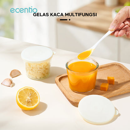 ecentio Kaca Food Container 200ml Simpan Rempah/Bawang Tumbuk/MPASI Bayi, Wadah Kaca Tahan Freezer-Microwave