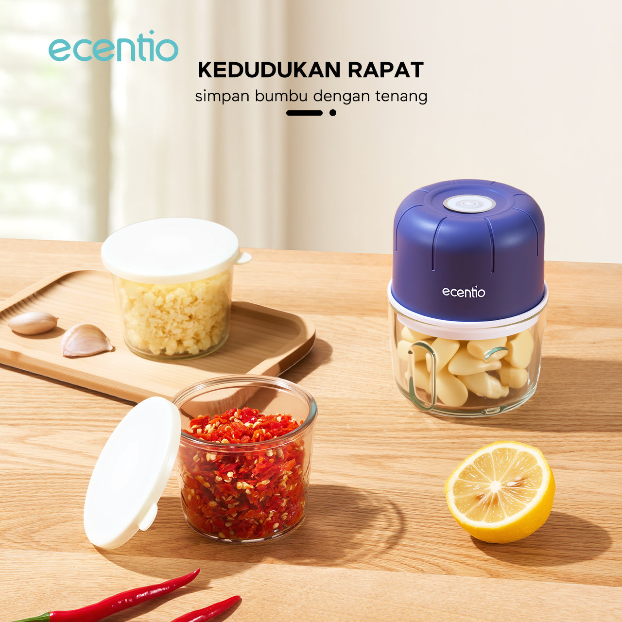 ecentio Kaca Food Container 200ml Simpan Rempah/Bawang Tumbuk/MPASI Bayi, Wadah Kaca Tahan Freezer-Microwave