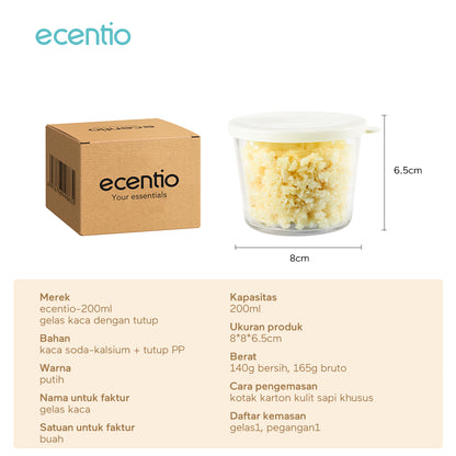 ecentio Kaca Food Container 200ml Simpan Rempah/Bawang Tumbuk/MPASI Bayi, Wadah Kaca Tahan Freezer-Microwave