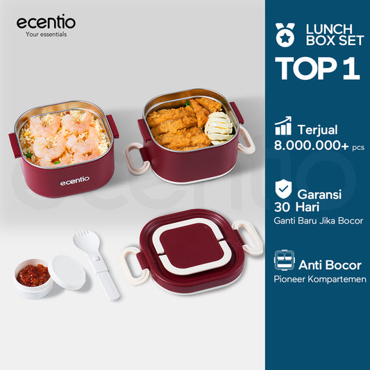 ecentio Kotak bekal bulat stainless steel Double layer 650ml+650ml Lunch box Wadah makan Bento Kapasitas besar Tahan bocor Empat pengunci Portable Untuk sekolah & kerja Dilengkapi kotak saus dan sendok