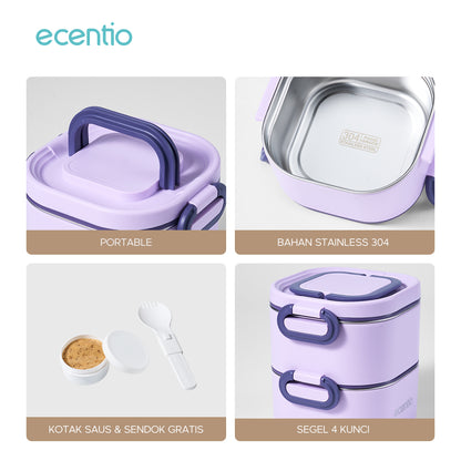ecentio Kotak bekal bulat stainless steel Double layer 650ml+650ml Lunch box Wadah makan Bento Kapasitas besar Tahan bocor Empat pengunci Portable Untuk sekolah & kerja Dilengkapi kotak saus dan sendok