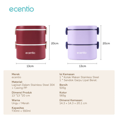 ecentio Kotak bekal bulat stainless steel Double layer 650ml+650ml Lunch box Wadah makan Bento Kapasitas besar Tahan bocor Empat pengunci Portable Untuk sekolah & kerja Dilengkapi kotak saus dan sendok