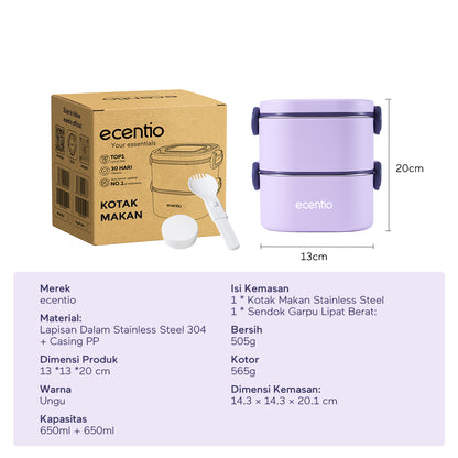 ecentio Kotak bekal bulat stainless steel Double layer 650ml+650ml Lunch box Wadah makan Bento Kapasitas besar Tahan bocor Empat pengunci Portable Untuk sekolah & kerja Dilengkapi kotak saus dan sendok