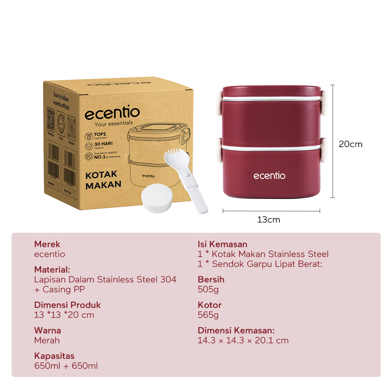 ecentio Kotak bekal bulat stainless steel Double layer 650ml+650ml Lunch box Wadah makan Bento Kapasitas besar Tahan bocor Empat pengunci Portable Untuk sekolah & kerja Dilengkapi kotak saus dan sendok