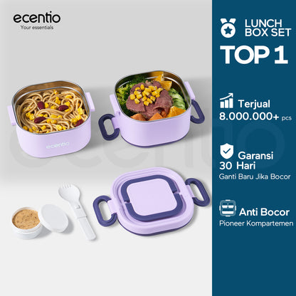 ecentio Kotak bekal bulat stainless steel Double layer 650ml+650ml Lunch box Wadah makan Bento Kapasitas besar Tahan bocor Empat pengunci Portable Untuk sekolah & kerja Dilengkapi kotak saus dan sendok