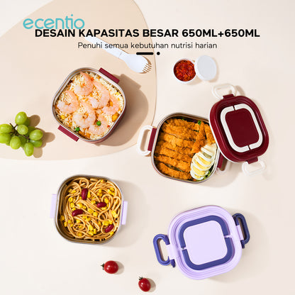 ecentio Kotak bekal bulat stainless steel Double layer 650ml+650ml Lunch box Wadah makan Bento Kapasitas besar Tahan bocor Empat pengunci Portable Untuk sekolah & kerja Dilengkapi kotak saus dan sendok