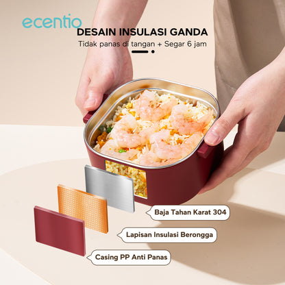 ecentio Kotak bekal bulat stainless steel Double layer 650ml+650ml Lunch box Wadah makan Bento Kapasitas besar Tahan bocor Empat pengunci Portable Untuk sekolah & kerja Dilengkapi kotak saus dan sendok
