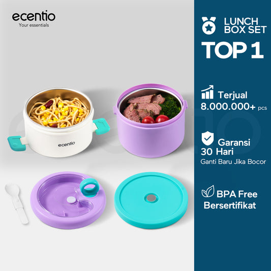 ecentio Kotak bekal stainless steel Double layer 730+550ml lunch box Tahan bocor Anti campur rasa Wadah makan Bento Besar Untuk kerja sekolah Dilengkapi kotak saus & sendok