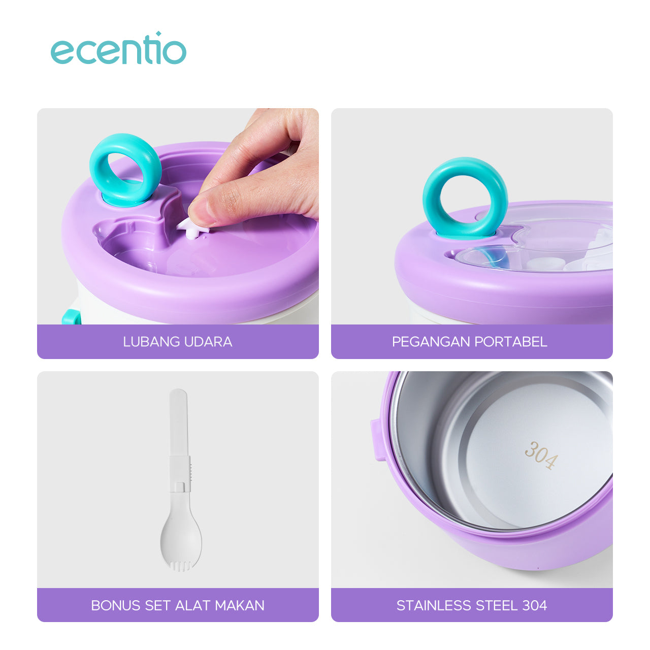 ecentio Kotak bekal stainless steel Double layer 730+550ml lunch box Tahan bocor Anti campur rasa Wadah makan Bento Besar Untuk kerja sekolah Dilengkapi kotak saus & sendok