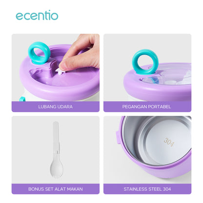 ecentio Kotak bekal stainless steel Double layer 730+550ml lunch box Tahan bocor Anti campur rasa Wadah makan Bento Besar Untuk kerja sekolah Dilengkapi kotak saus & sendok