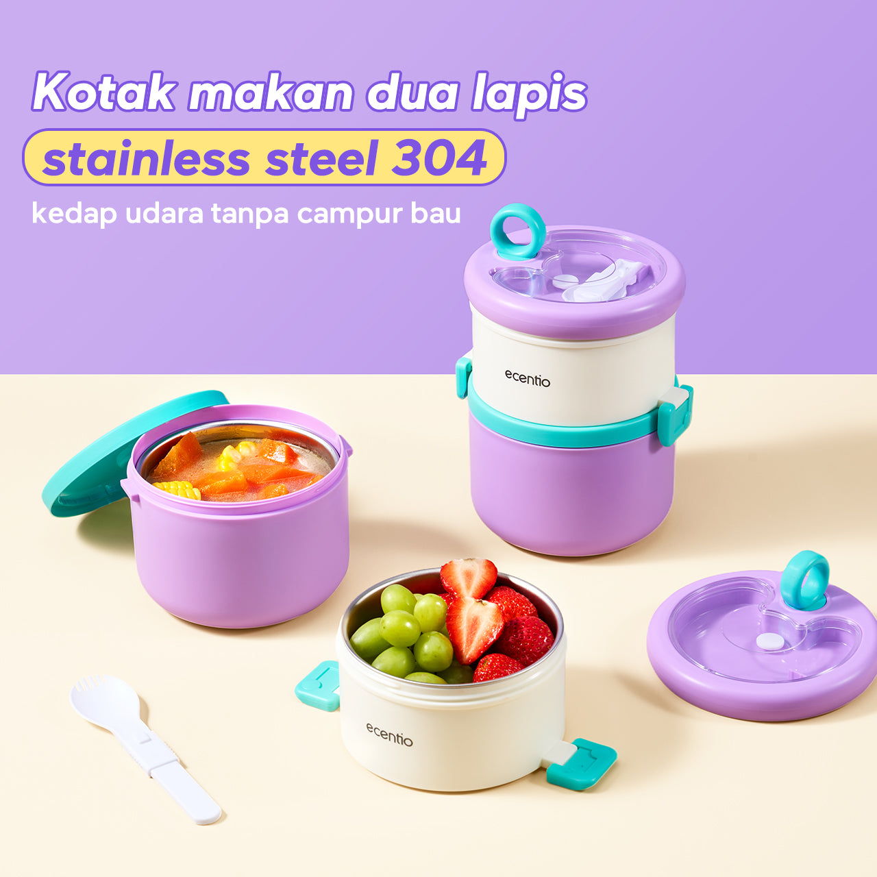 ecentio Kotak bekal stainless steel Double layer 730+550ml lunch box Tahan bocor Anti campur rasa Wadah makan Bento Besar Untuk kerja sekolah Dilengkapi kotak saus & sendok
