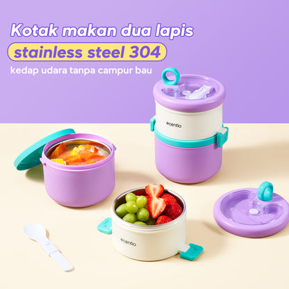 ecentio Kotak bekal stainless steel Double layer 730+550ml lunch box Tahan bocor Anti campur rasa Wadah makan Bento Besar Untuk kerja sekolah Dilengkapi kotak saus & sendok