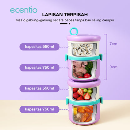 ecentio Kotak bekal stainless steel Double layer 730+550ml lunch box Tahan bocor Anti campur rasa Wadah makan Bento Besar Untuk kerja sekolah Dilengkapi kotak saus & sendok